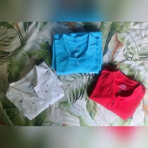 Three Cotton Polo Shirts - White with Watermelon Print, Turquoise, Red
